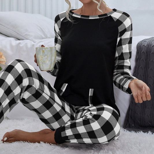 Women's Plaid Round Neck Home Casual Suit