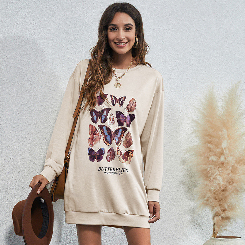 Women's Round Neck Fashion Butterfly Print Mid-length Sweater
