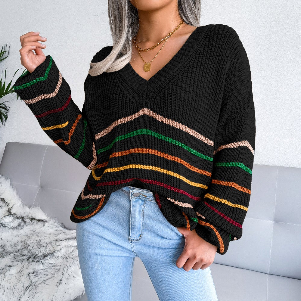 Women's V-neck Striped Casual Loose Sweater