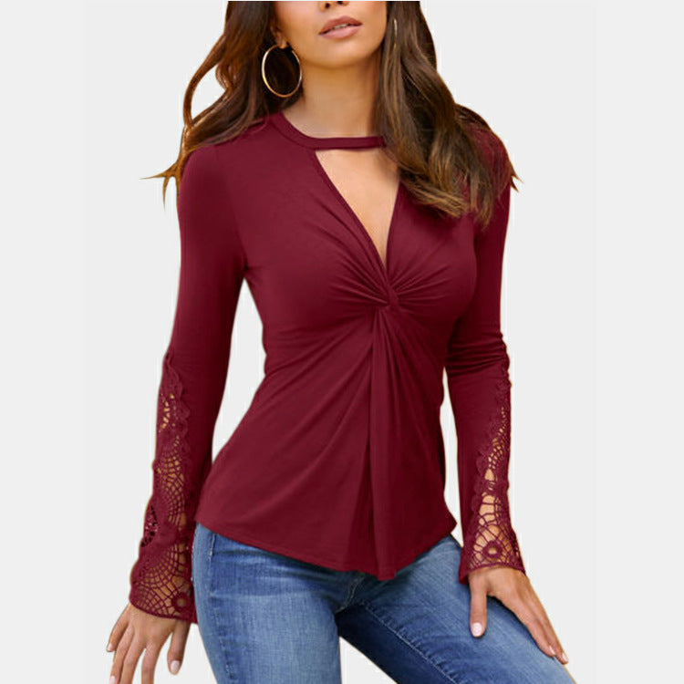 Women's V Neck Long Sleeve Lace Sleeve T-Shirt