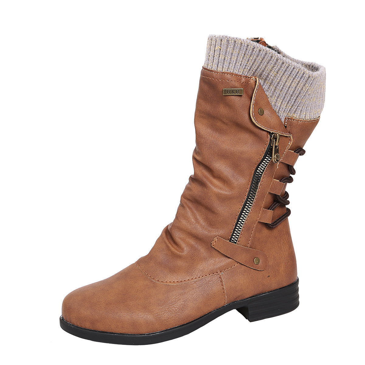 Women's Lace-Up Panel Leather Zip-Up Boots