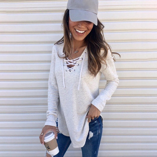 Women's Solid Color V-neck Strapped Loose Top T-shirt