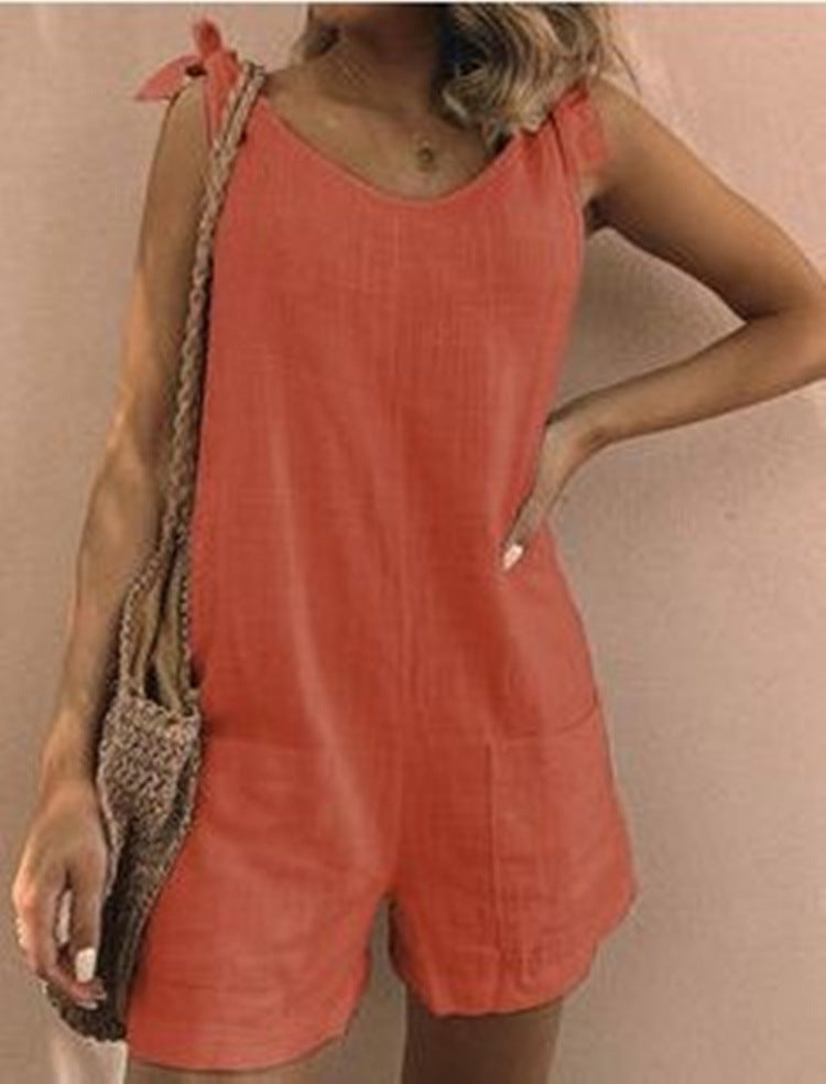 Women's Solid Color Cotton And Linen Patch Pocket Fashion Jumpsuit
