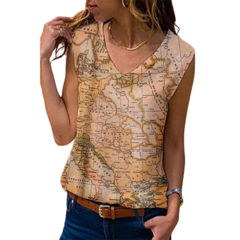 Women's Spring And Summer Vest Map Print T-shirt Top