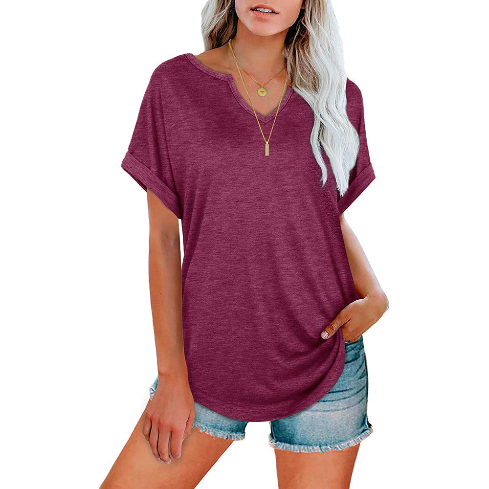 Women's Solid Color V-Neck Loose Short-Sleeved T-Shirt