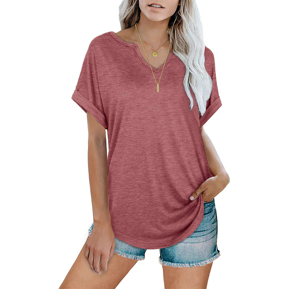 Women's Solid Color V-Neck Loose Short-Sleeved T-Shirt