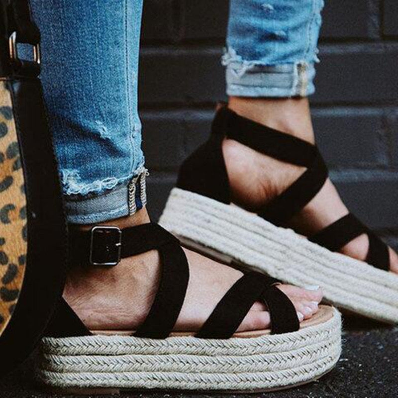 Womens Flat Shoes Hemp Rope Cross Strap Sandals – byshoppy