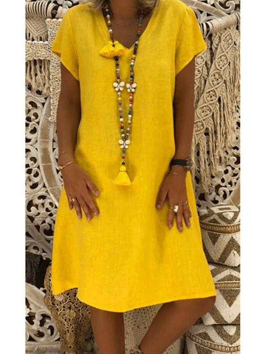 Women's V-neck Solid Casual Dress Loose Dress